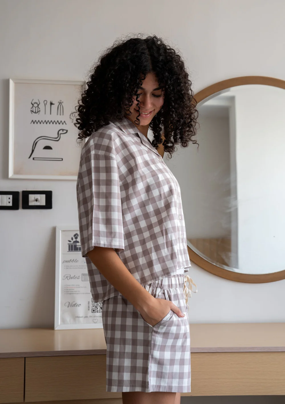 Women Summer Pajama Set Choco Checkered Buttoned Shirt + Shorts - Image 4
