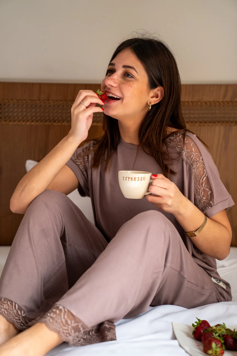 Women summer pajama set Choco Lace shirt + Pants - Image 2