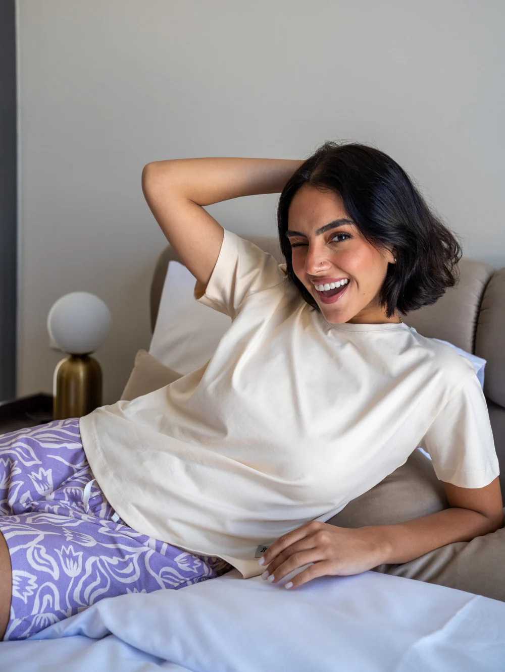 Women Summer Pajama set Creamy T-shirt + Mauve Flowers Short - Image 3