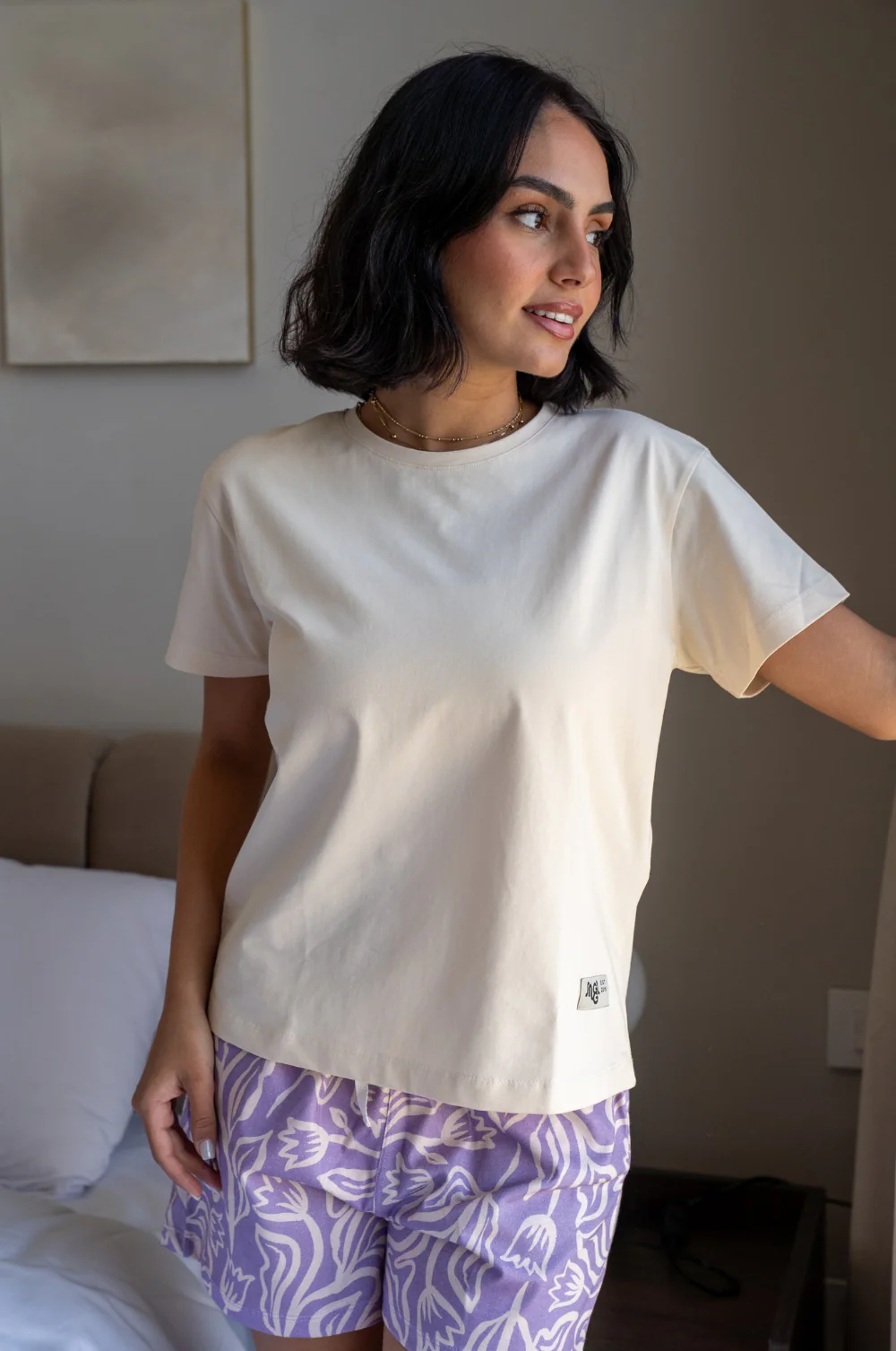 Women Summer Pajama set Creamy T-shirt + Mauve Flowers Short - Image 4