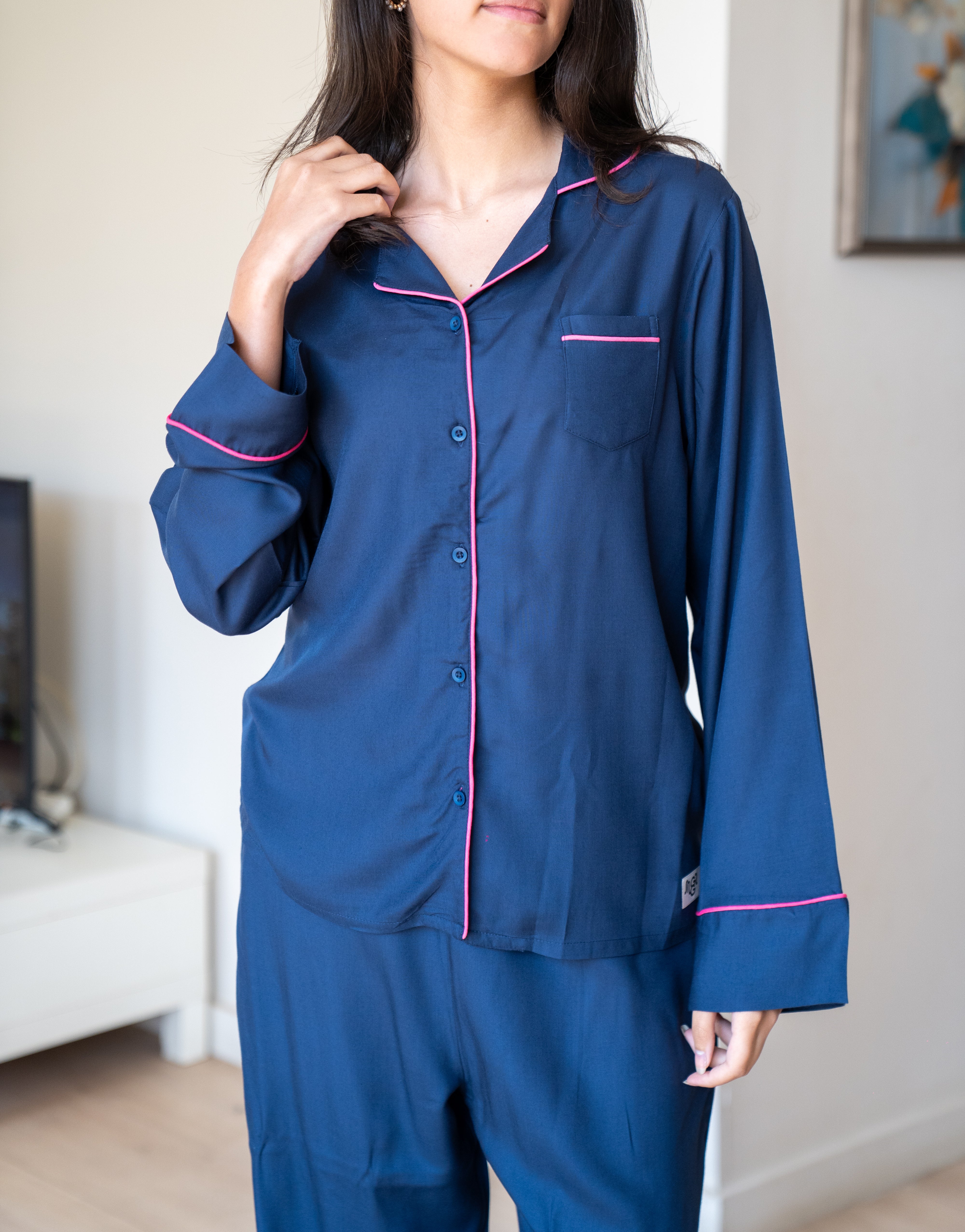 Women Summer Pajama Set Dark Blue buttoned shirt + Pants - Image 2