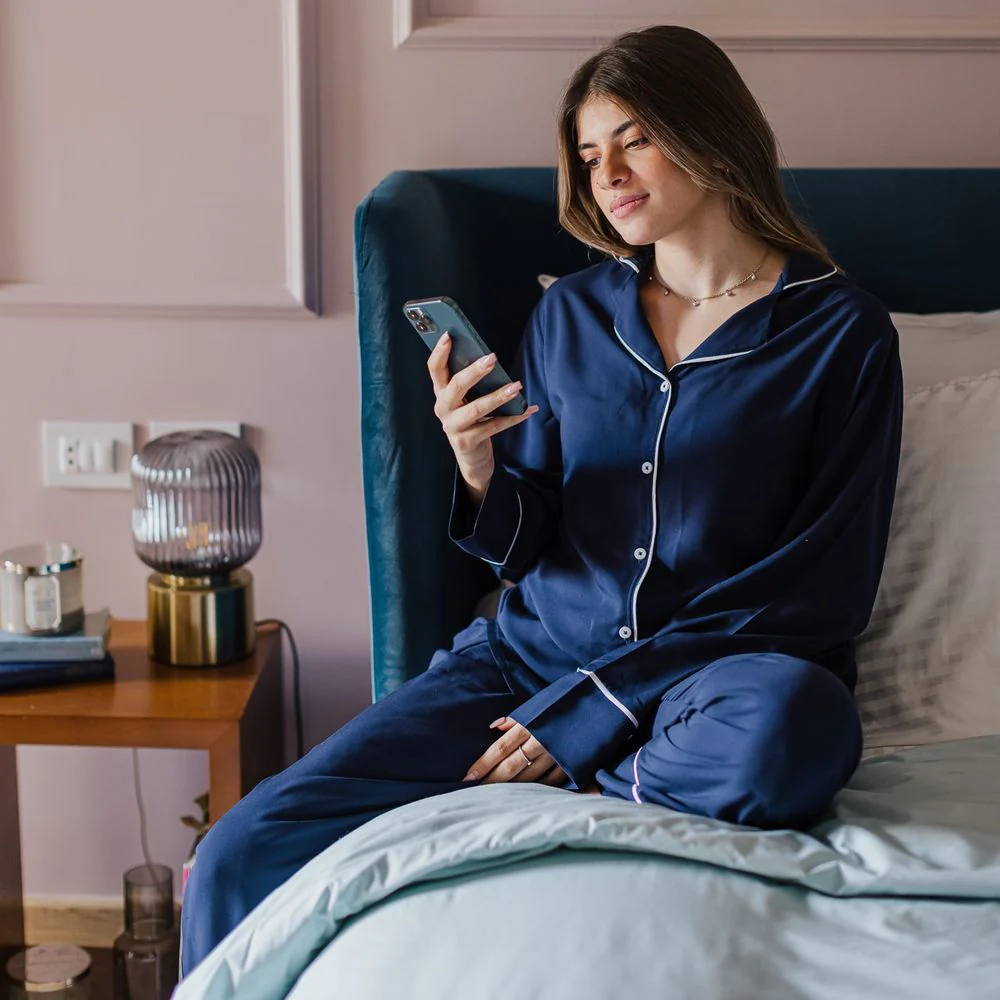 Women summer pajama set Dark blue buttoned shirt + Pants - Image 2