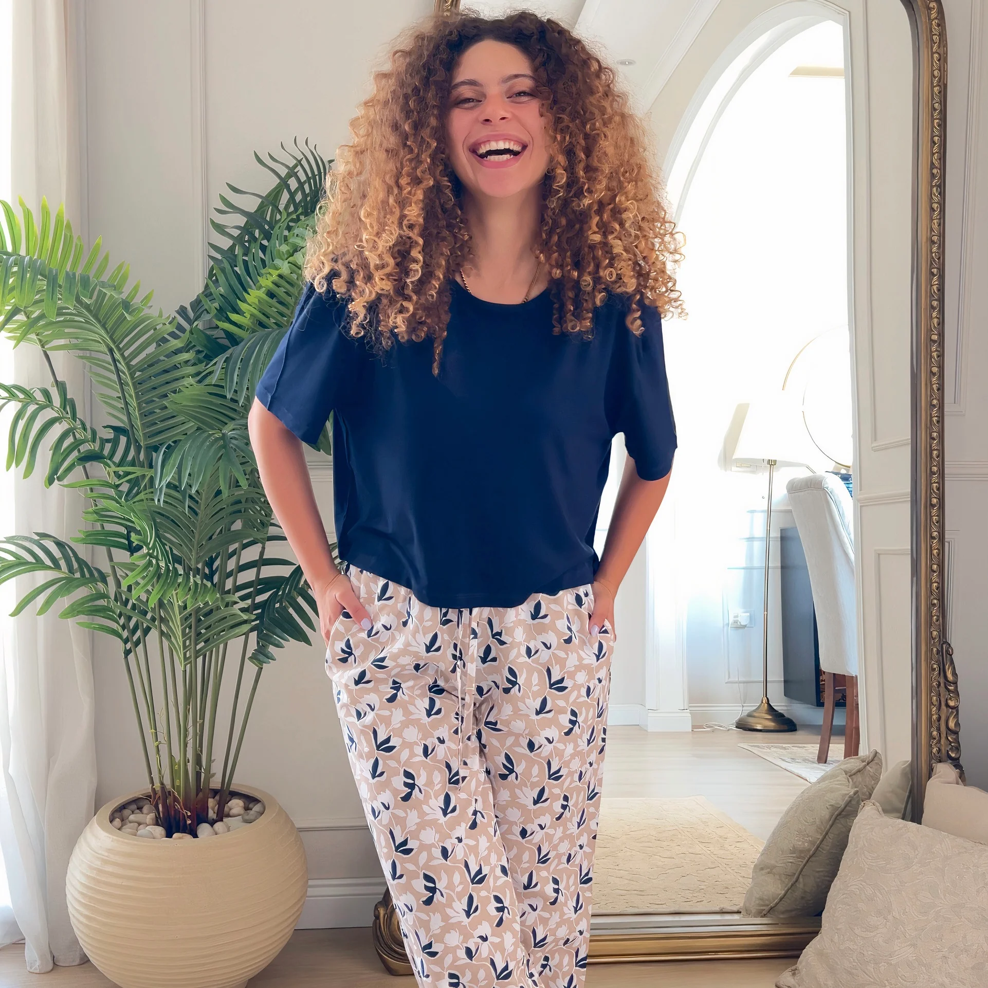 Women summer pajama set Dark Blue Cropped top + cafe x dark blue floral pants - Image 10