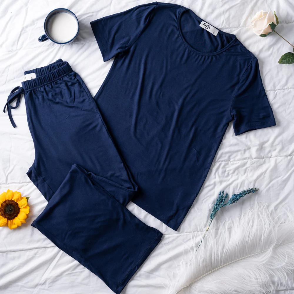 Women summer pajama set Dark blue shirt + Pants - Image 5