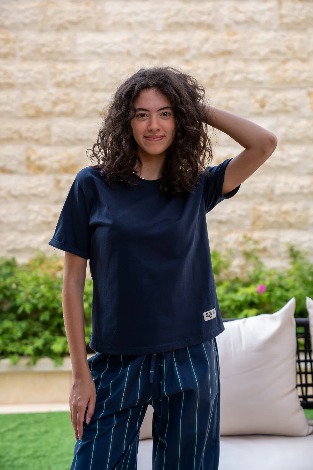 Women summer pajama set Dark Blue T-shirt + Dark Blue X Dark Green Striped Pants - Image 2