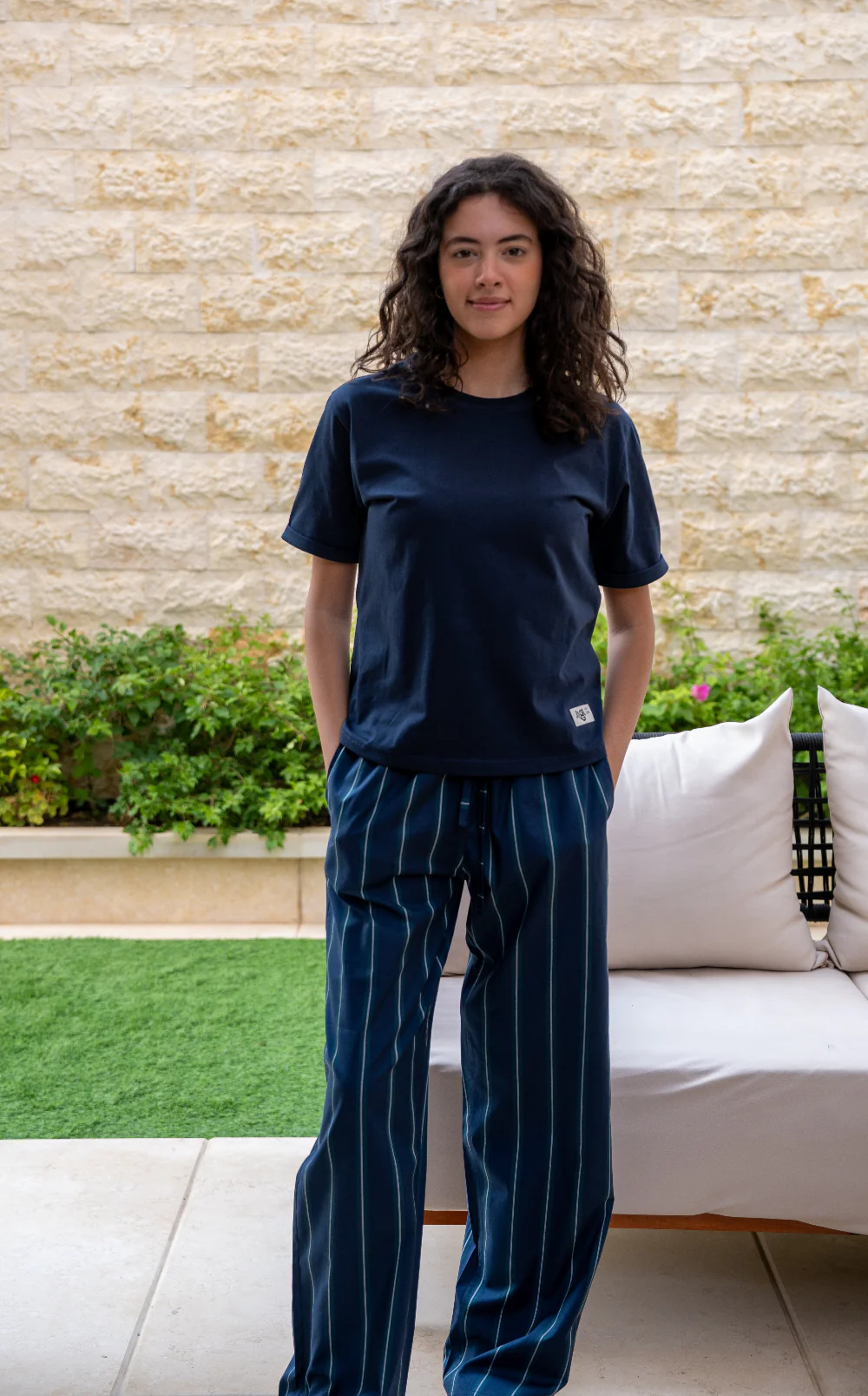 Women summer pajama set Dark Blue T-shirt + Dark Blue X Dark Green Striped Pants - Image 3