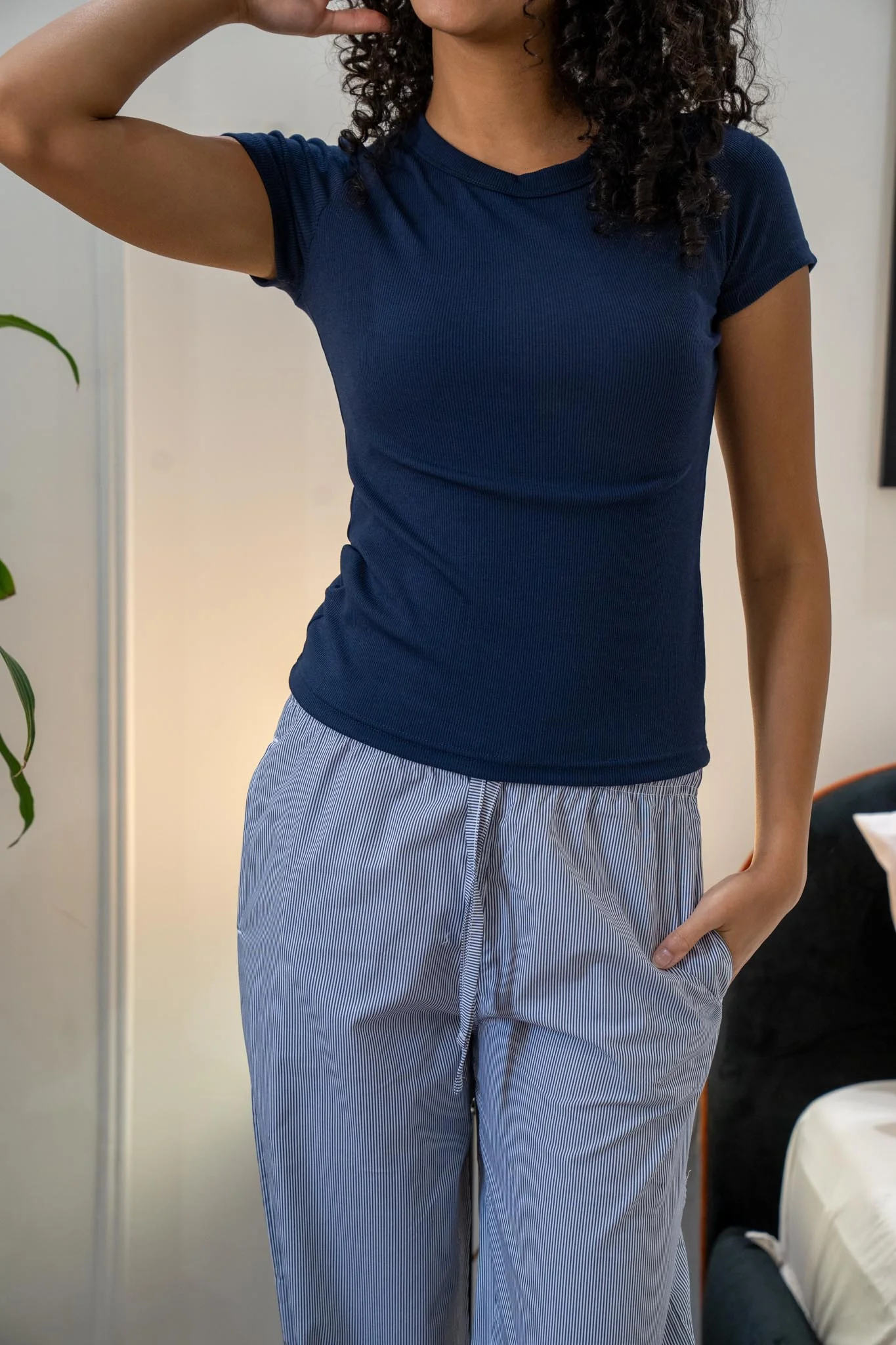 Women summer pajama set Dark Blue T-shirt + Dark Blue X White Stripes Pants - Image 3