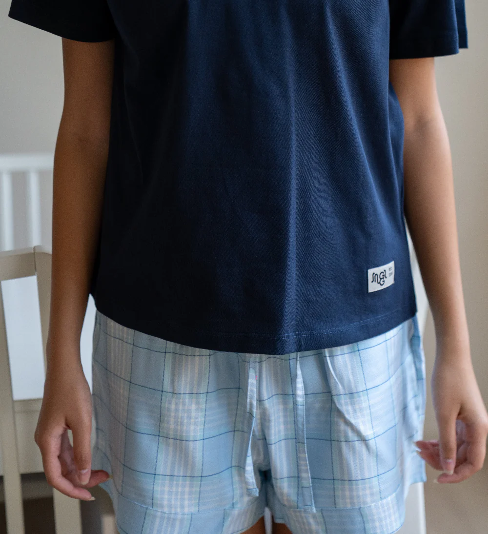 Women Summer Pajama set Dark Blue T-shirt + Light Blue X Dark Blue Plaid Shorts - Image 2