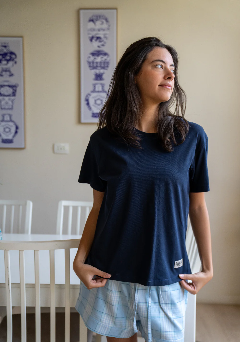Women Summer Pajama set Dark Blue T-shirt + Light Blue X Dark Blue Plaid Shorts - Image 3
