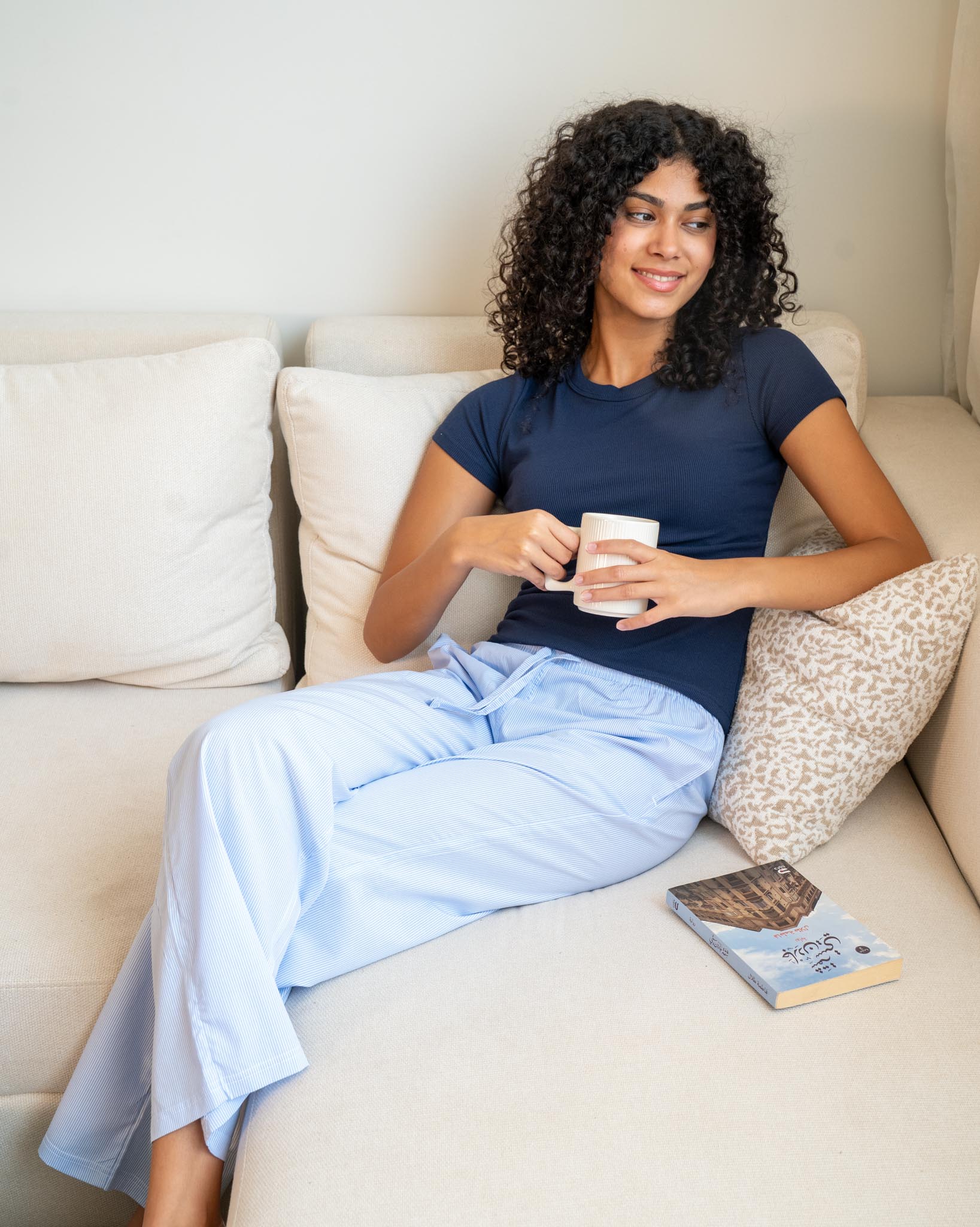 Women summer pajama set Dark Blue T-shirt + Light Blue X White Stripes Pants - Image 3
