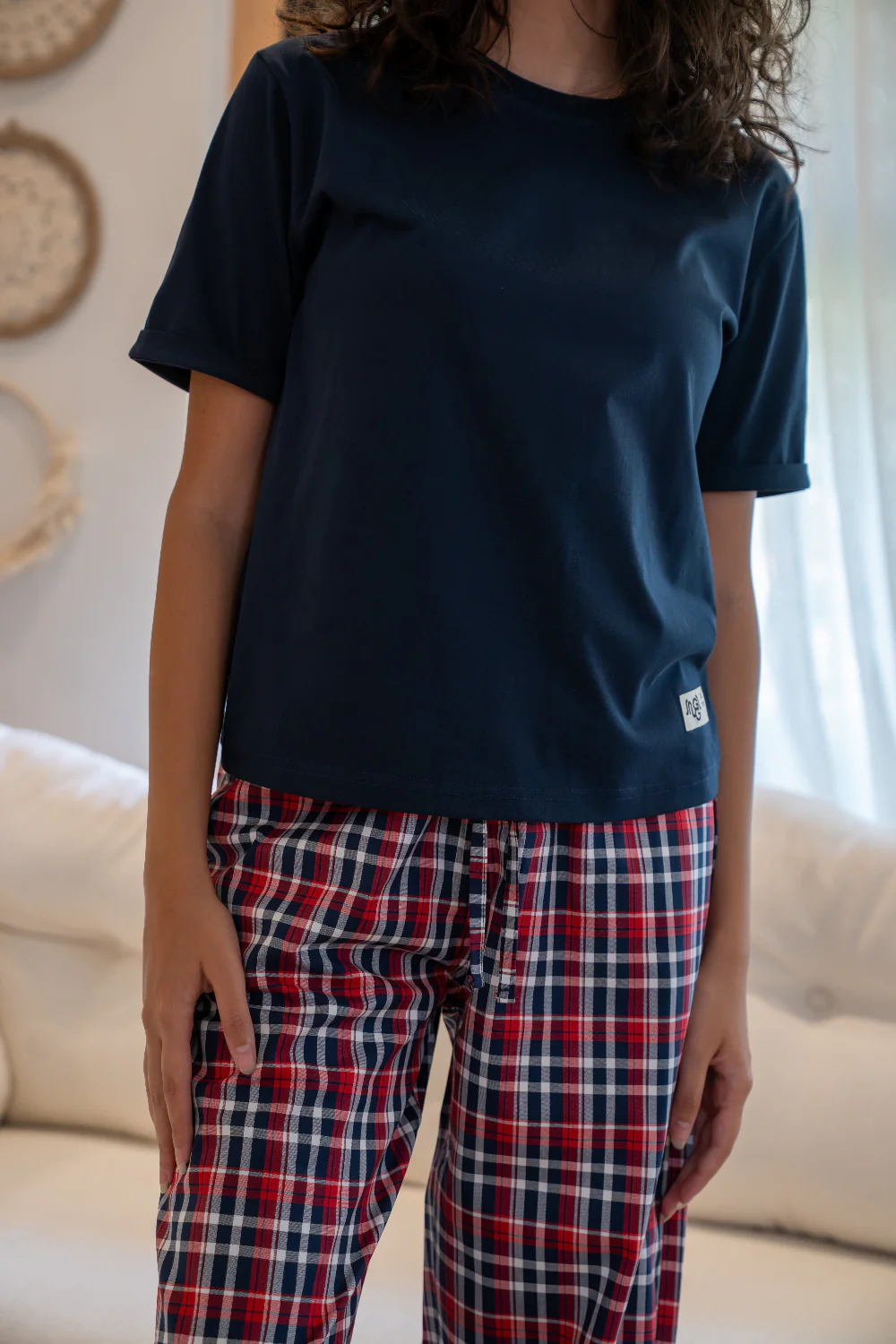 Women summer pajama set Dark Blue T-shirt + Red X Dark Blue Checkered Pants - Image 2
