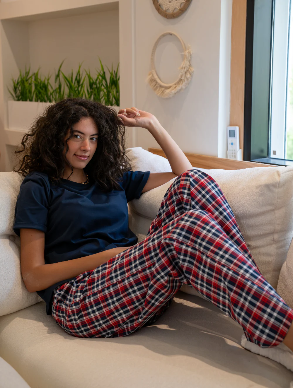 Women summer pajama set Dark Blue T-shirt + Red X Dark Blue Checkered Pants - Image 3