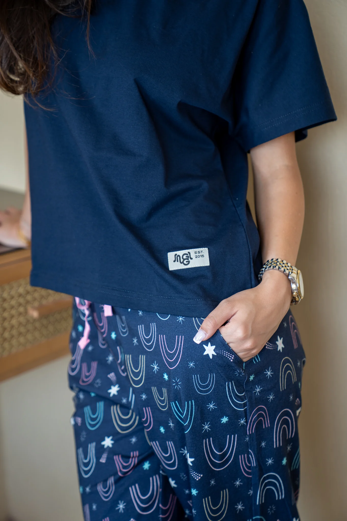 Women summer pajama set Dark Blue T-shirt + Stars Pants - Image 3