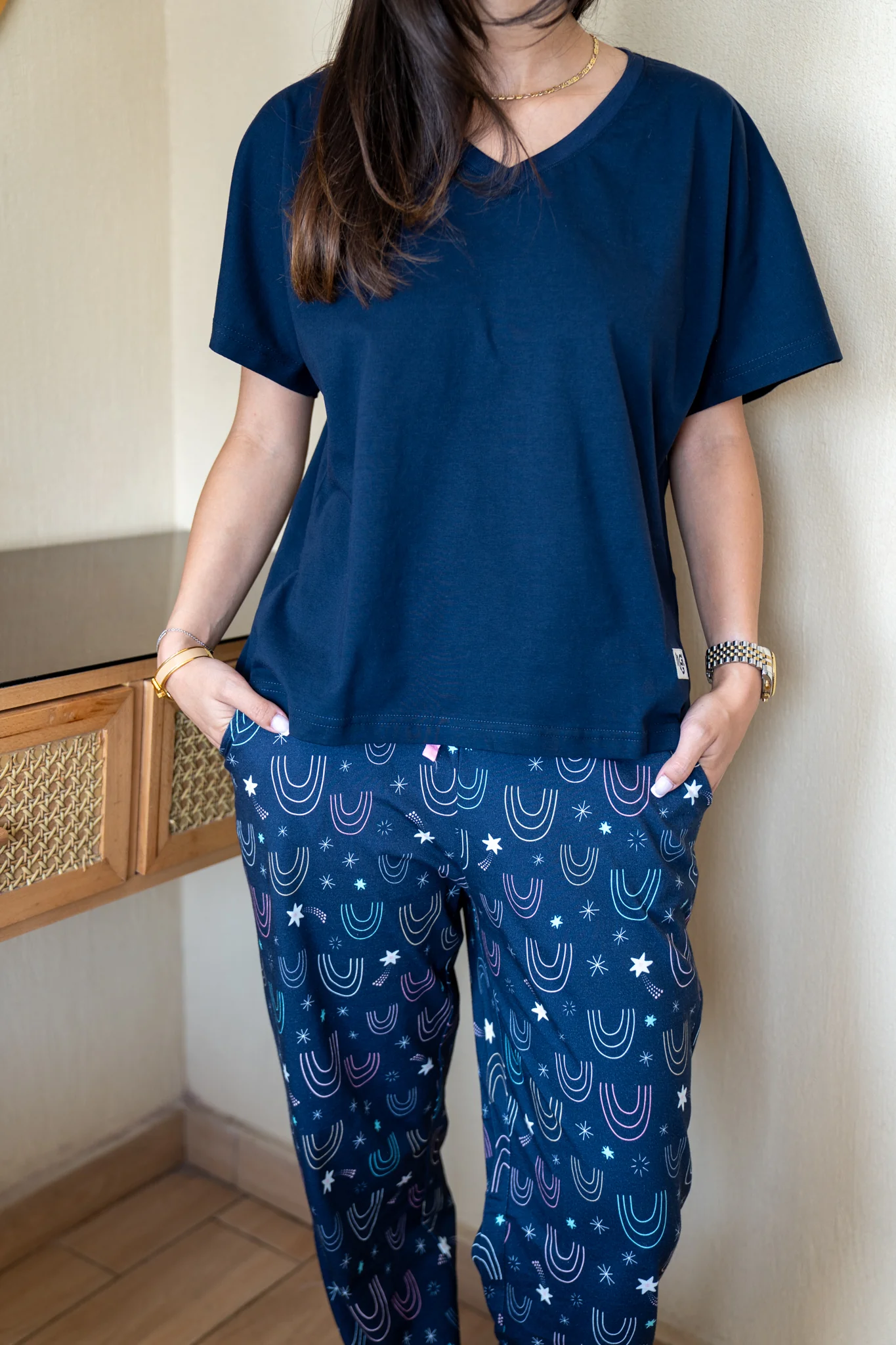 Women summer pajama set Dark Blue T-shirt + Stars Pants - Image 4