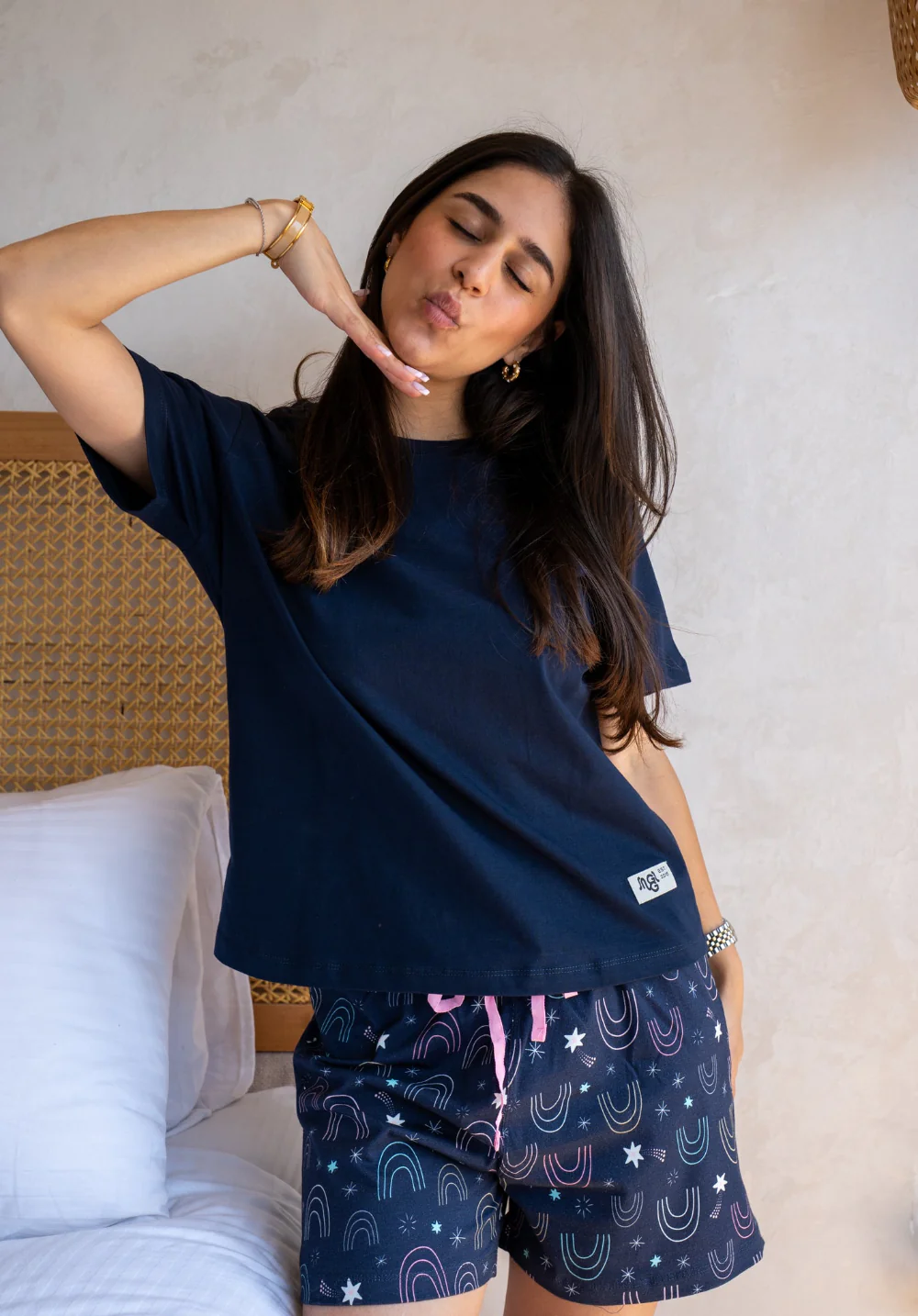 Women Summer Pajama set Dark Blue T-shirt + Stars Shorts - Image 3