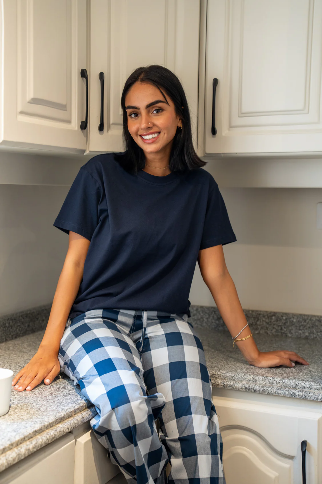 Women summer pajama set Dark Blue Tee + Dark Blue X Light Blue Checkered Pants - Image 2