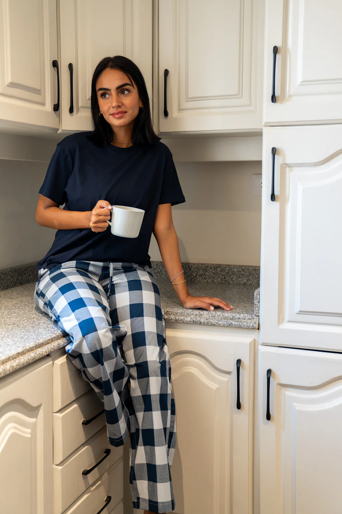 Women summer pajama set Dark Blue Tee + Dark Blue X Light Blue Checkered Pants - Image 3