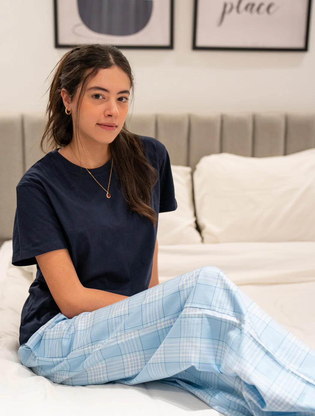 Women summer pajama set Dark Blue Tee + Light Blue X White Plaid Pants - Image 2