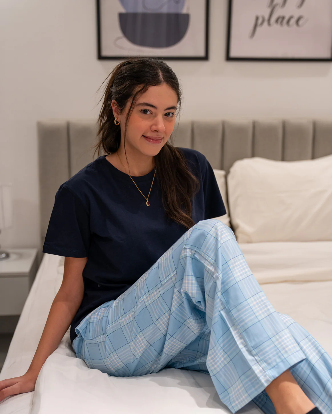 Women summer pajama set Dark Blue Tee + Light Blue X White Plaid Pants - Image 3