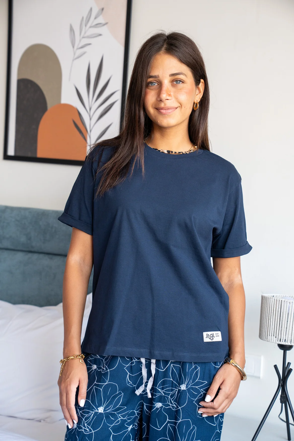 Women summer pajama set Dark blue Tee + Magnolia Floral Pants - Image 3