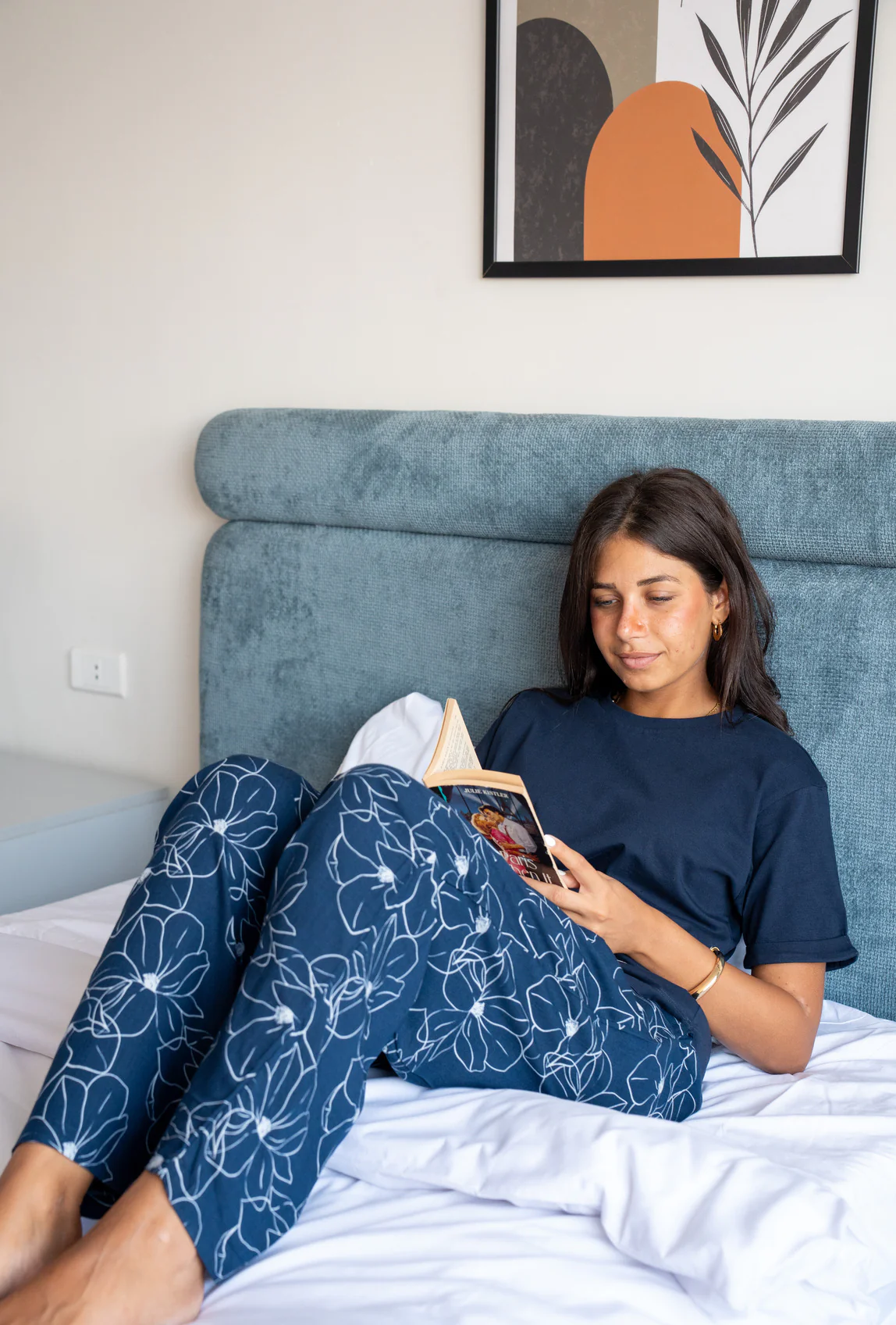Women summer pajama set Dark blue Tee + Magnolia Floral Pants - Image 4