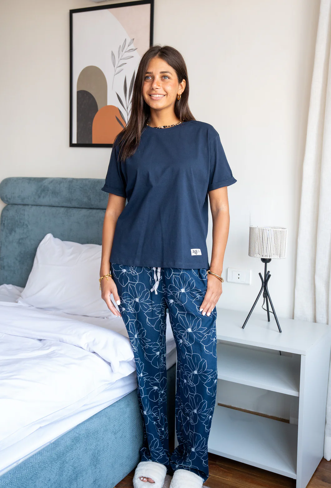 Women summer pajama set Dark blue Tee + Magnolia Floral Pants - Image 5