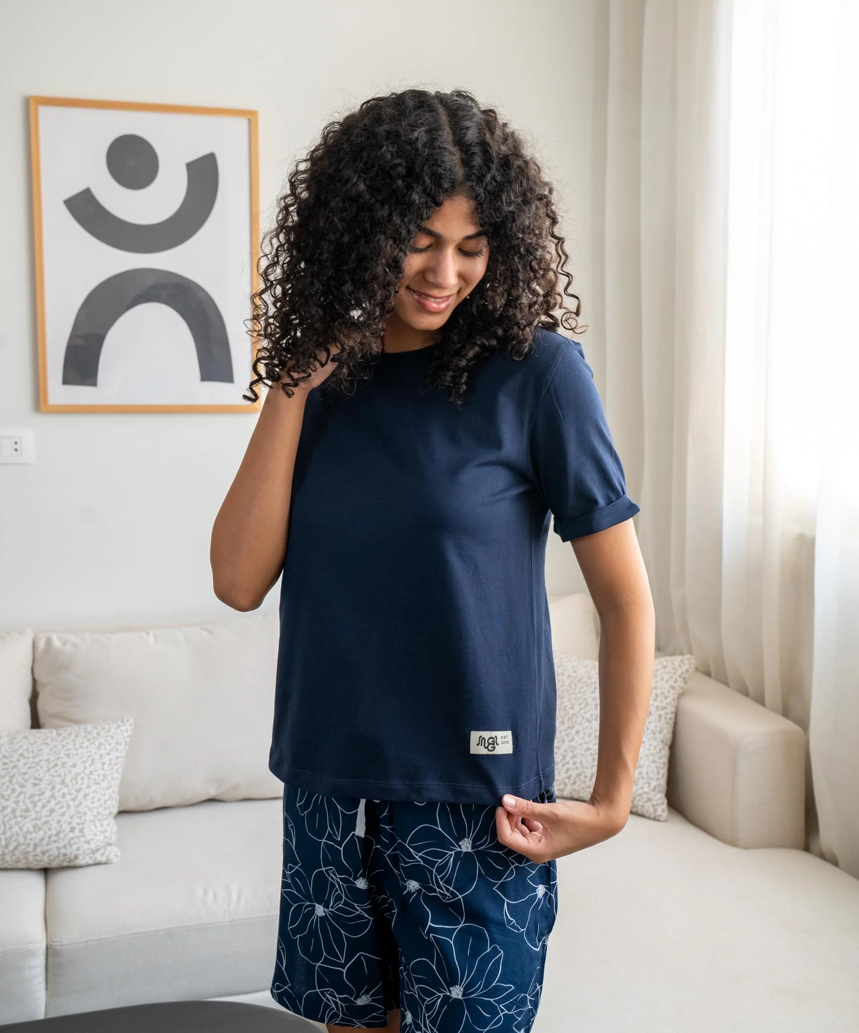 Women summer pajama set Dark blue Tee + Magnolia floral shorts - Image 3