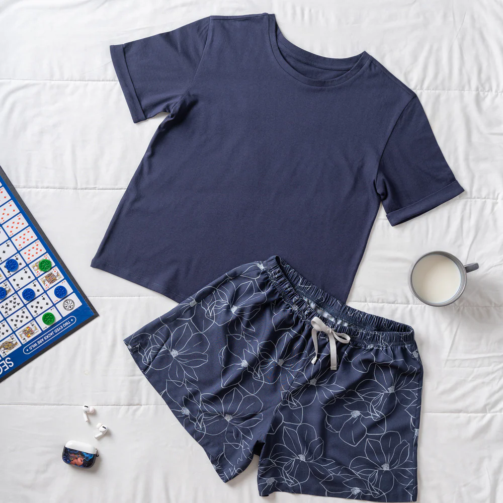 Women summer pajama set Dark blue Tee + Magnolia floral shorts - Image 4