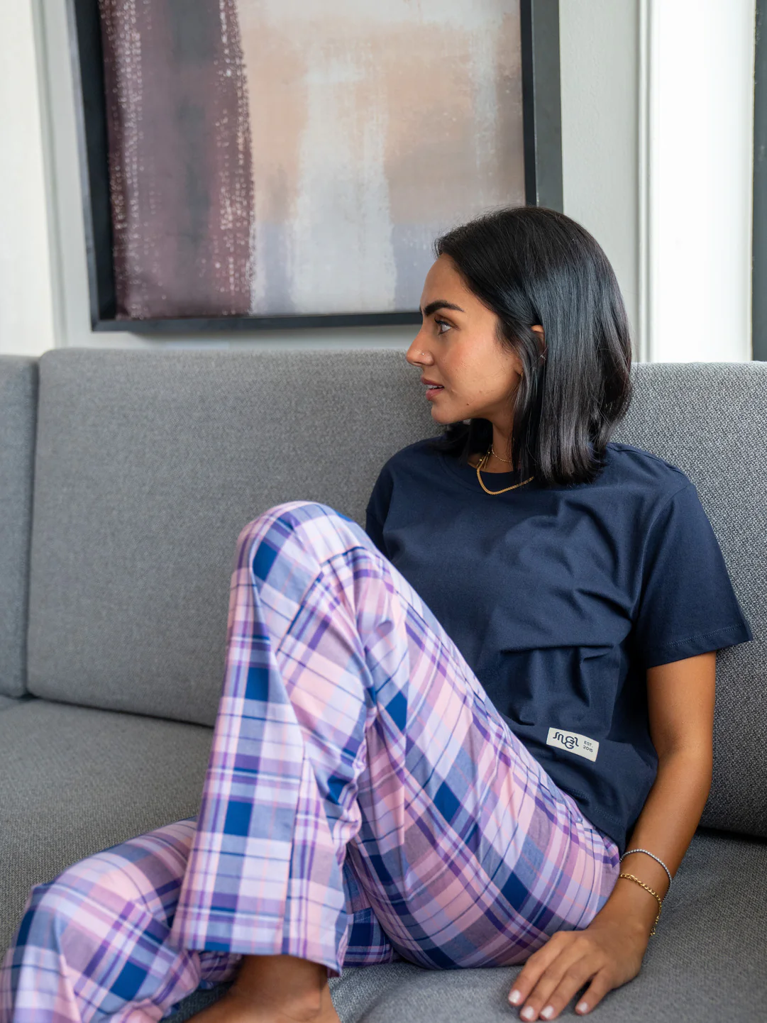 Women summer pajama set Dark Blue Tee + Purple X Navy Plaid Pants - Image 2