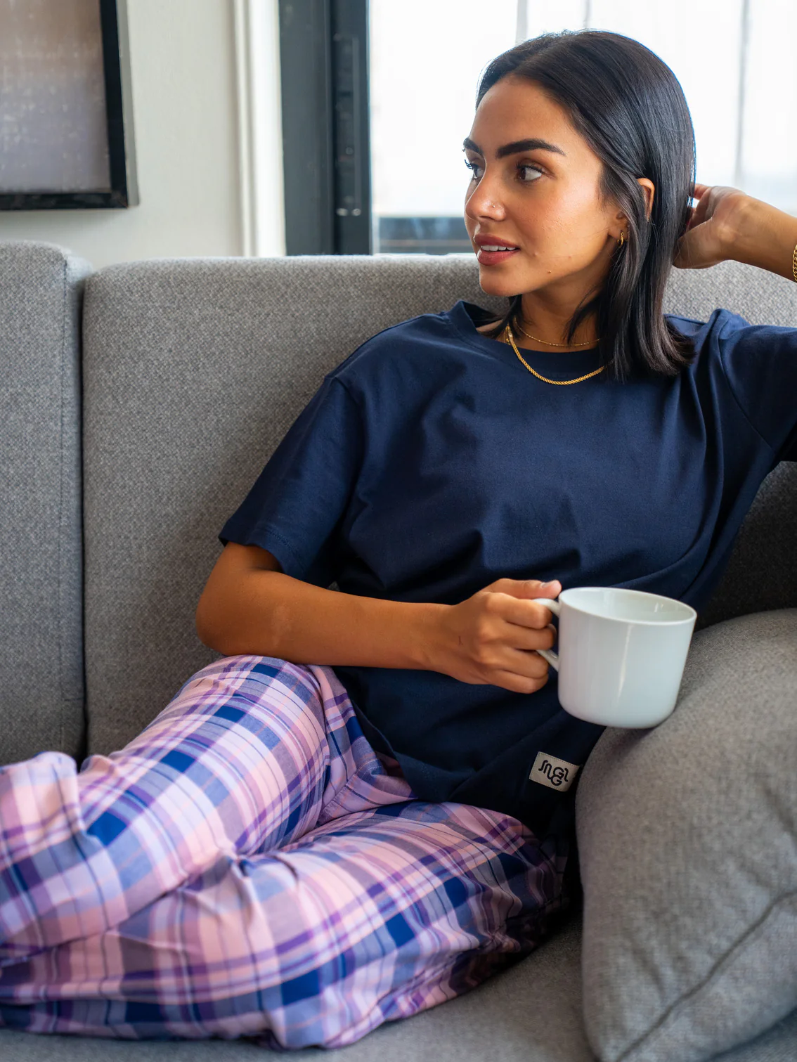Women summer pajama set Dark Blue Tee + Purple X Navy Plaid Pants - Image 3