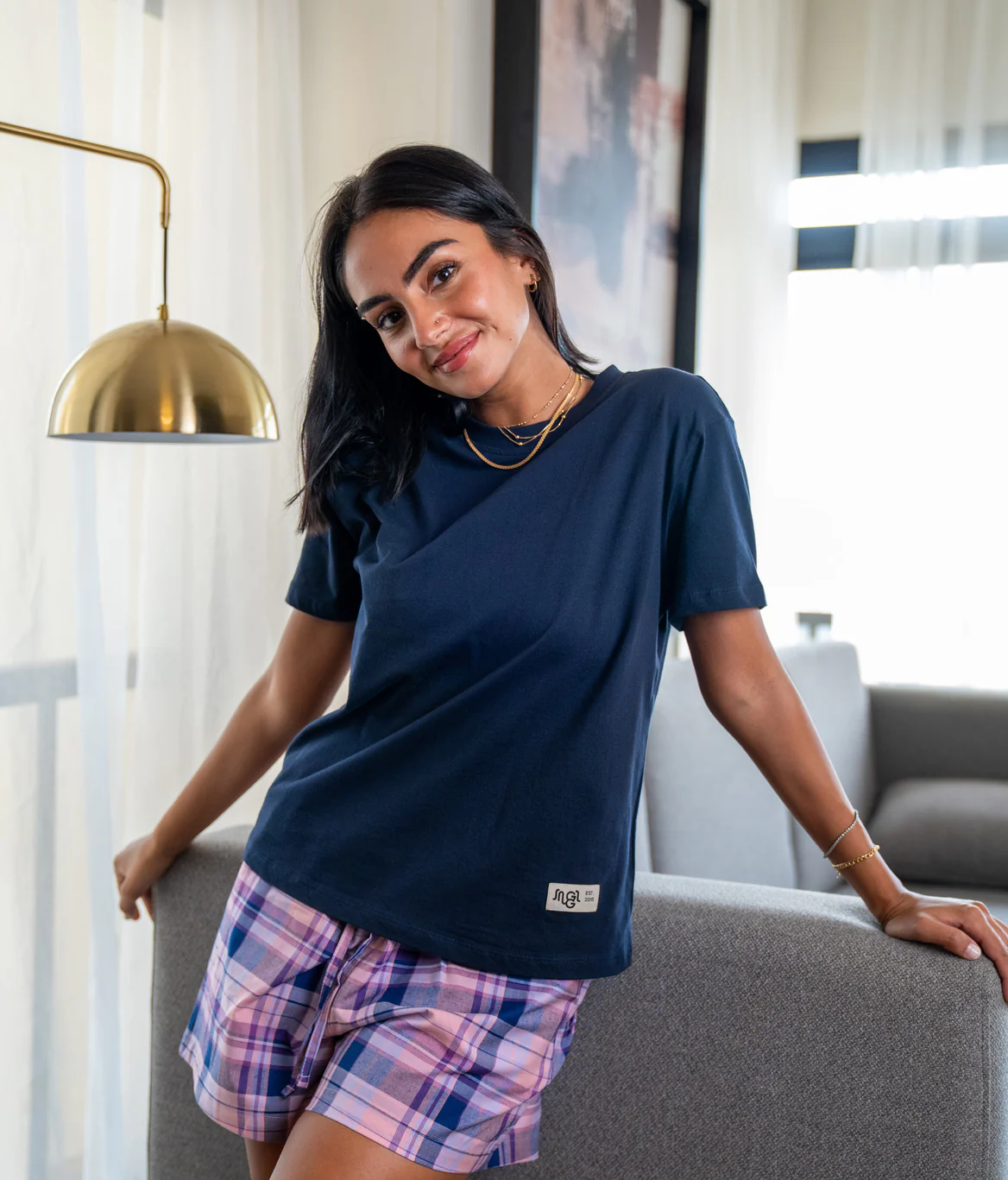 Women summer pajama set Dark Blue Tee + Purple X Navy Plaid shorts - Image 2