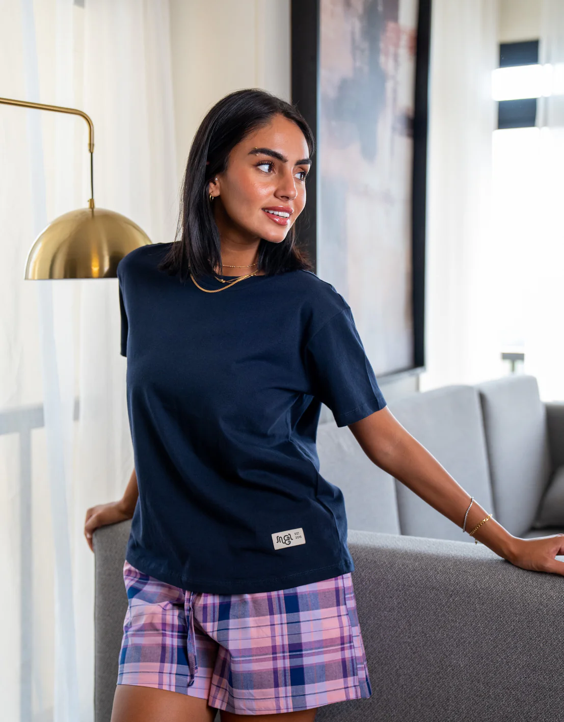 Women summer pajama set Dark Blue Tee + Purple X Navy Plaid shorts - Image 3