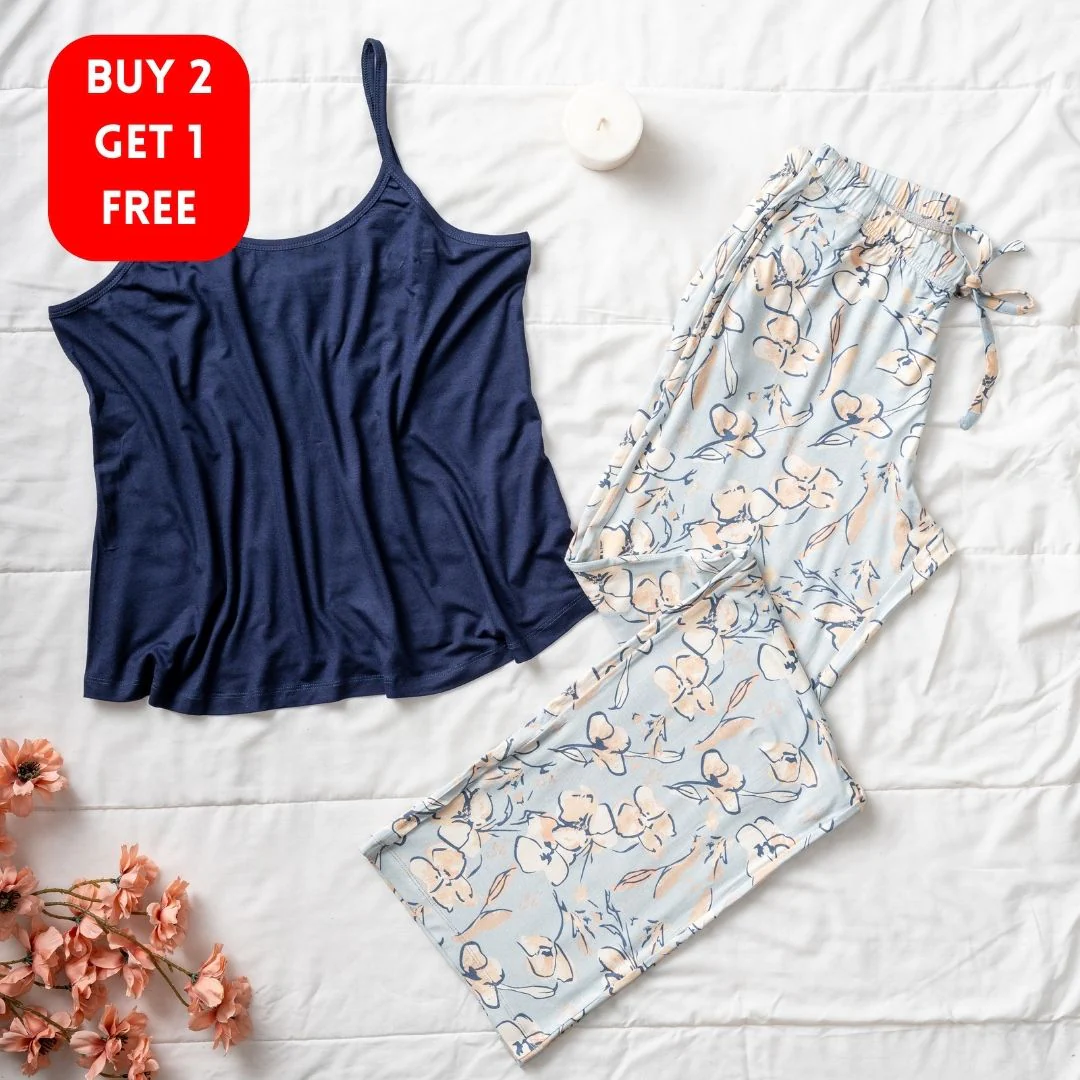 Women summer pajama set Dark blue Top+ Baby Blue Floral pants