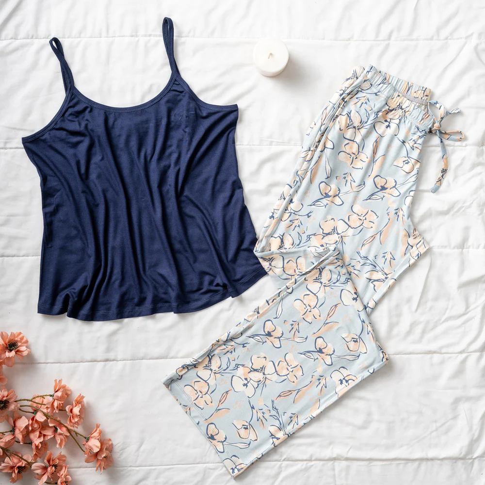 Women summer pajama set Dark blue Top+ Baby Blue Floral pants - Image 2