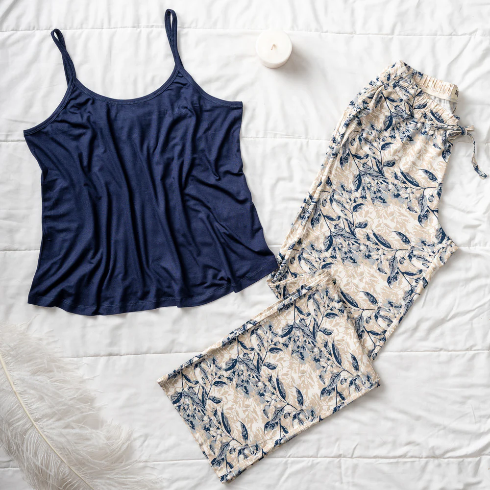 Women summer pajama set Dark blue Top+ Dark Blue Leaves pants - Image 2