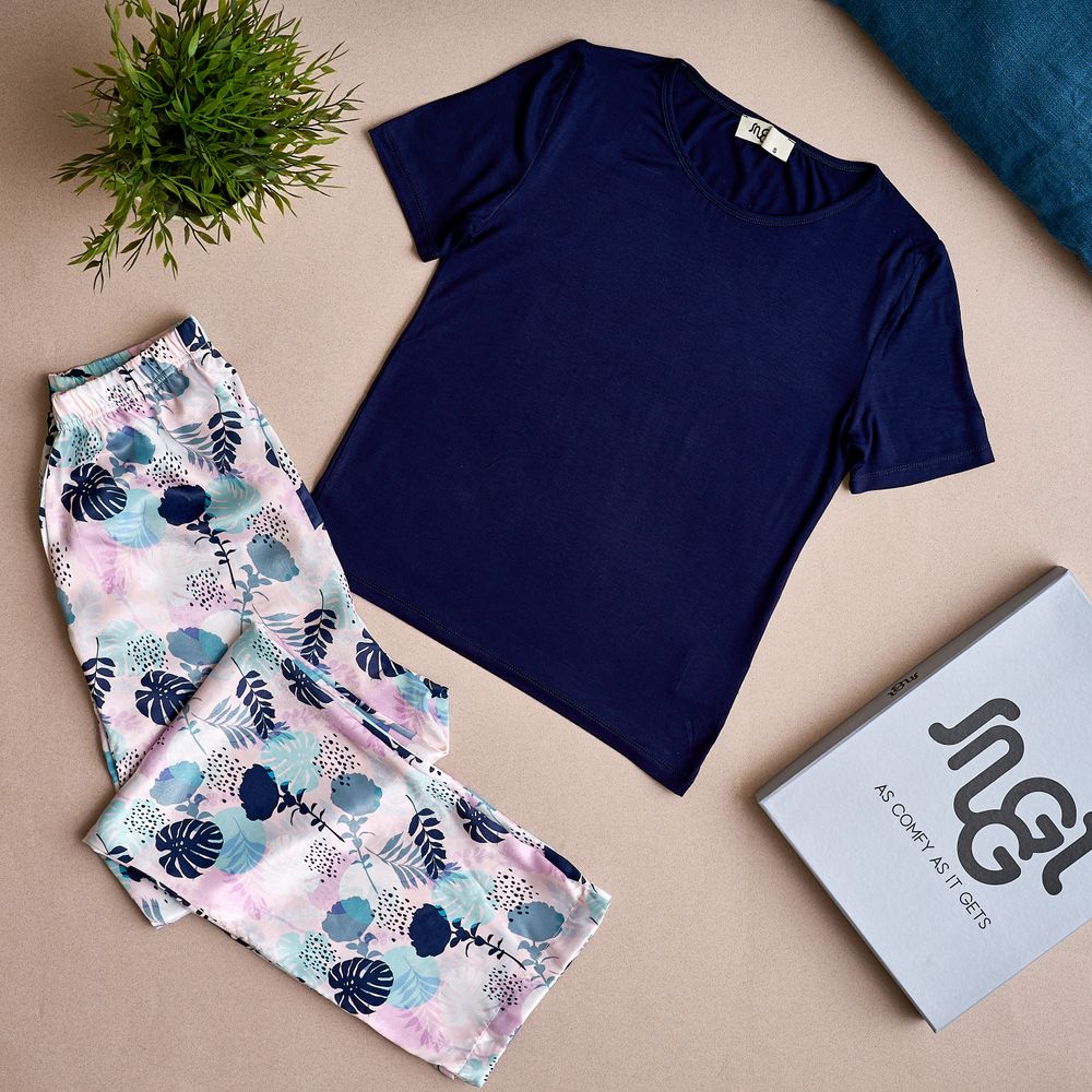 Women summer pajama set Dark blue top +Floral pattern Pants - Image 2