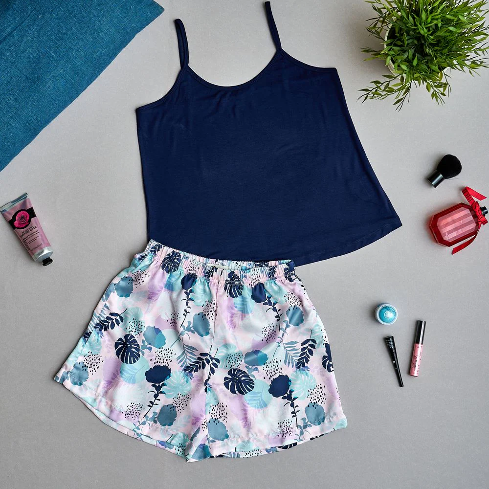 Women summer pajama set Dark blue top +Floral pattern shorts - Image 2
