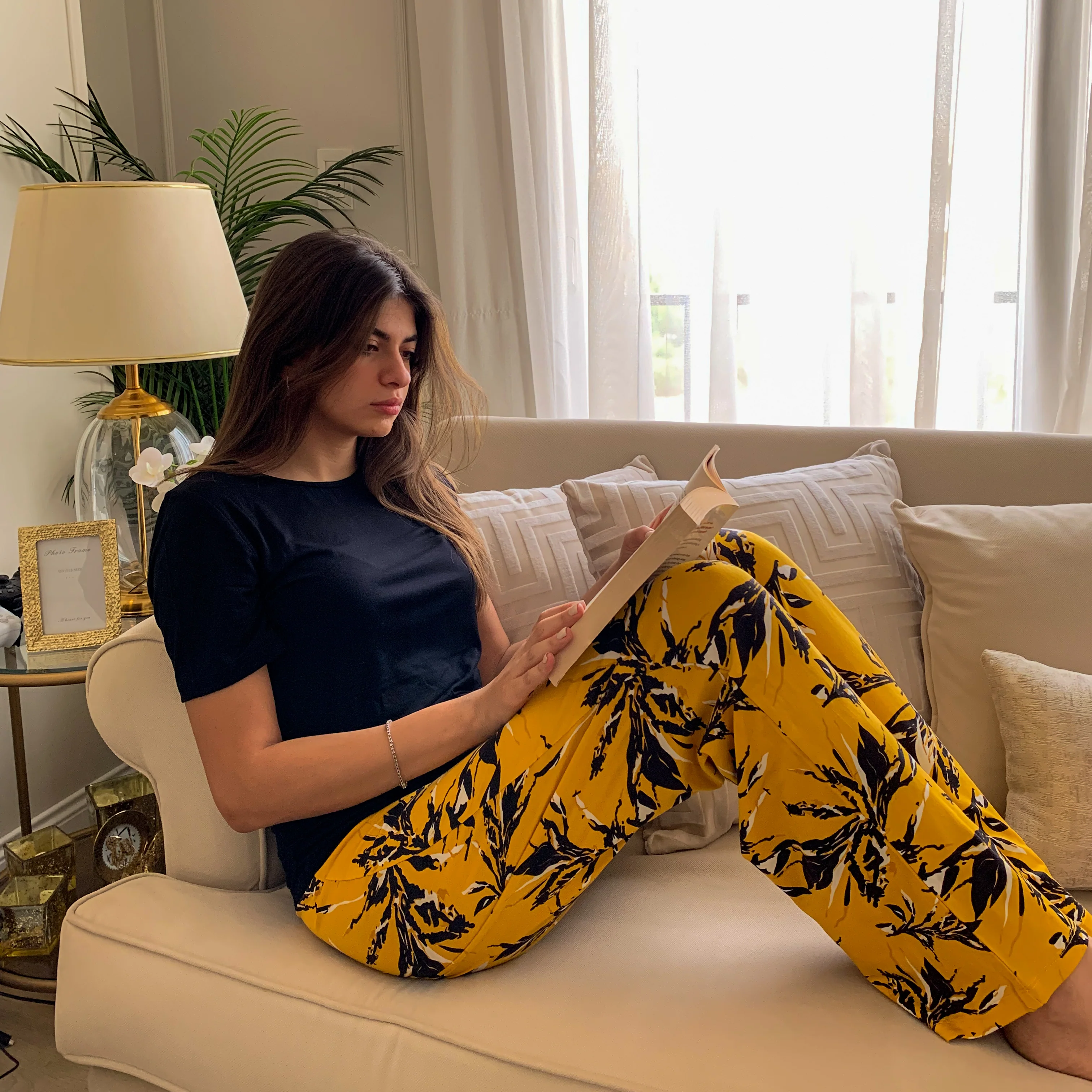 Women summer pajama set Black top + leaves Pattern pants - Image 2