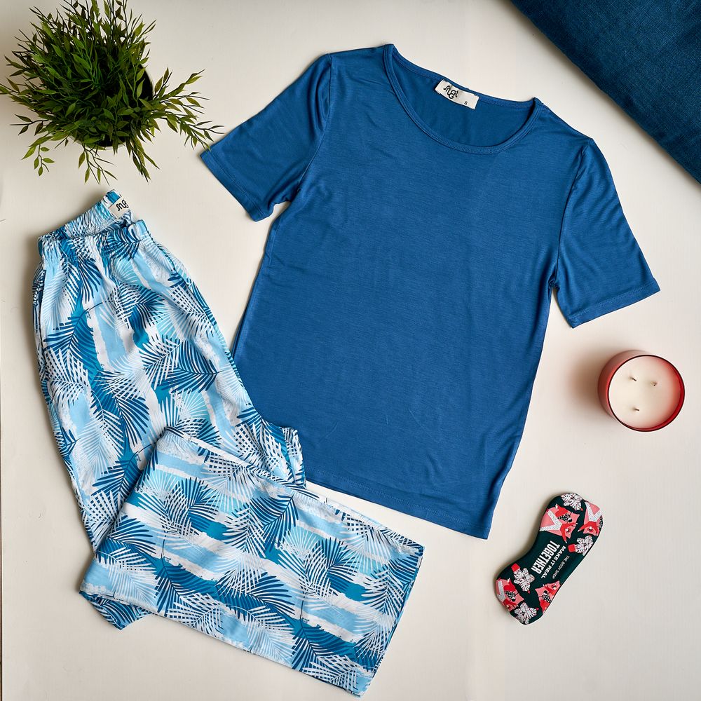 Women summer pajama set Dark blue top + Palm leaves pants - Image 2