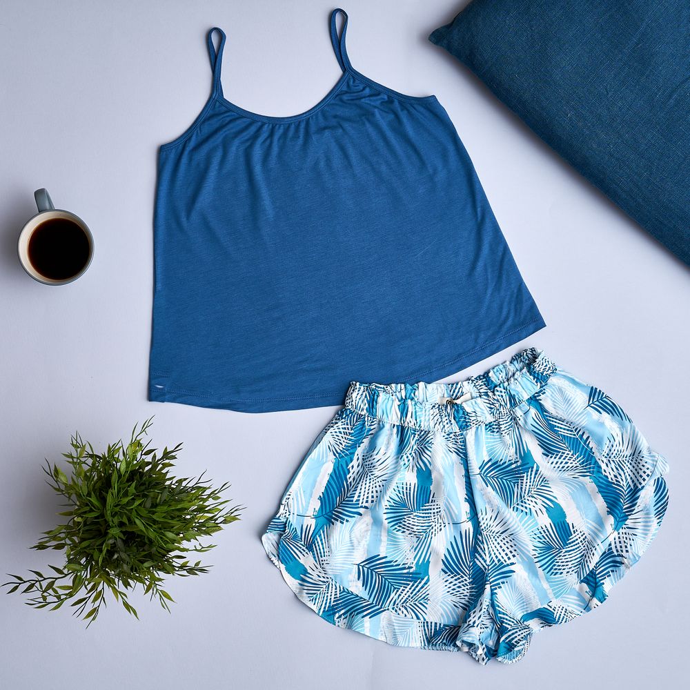 Women summer pajama set Dark blue top + Palm leaves ruffles shorts - Image 2