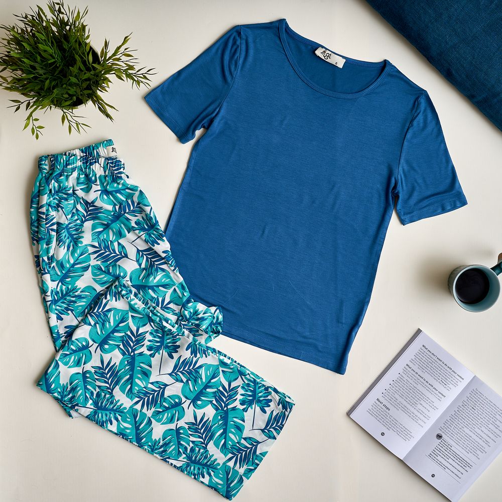 Women summer pajama set Dark blue top + Tropical leaves pants - Image 2