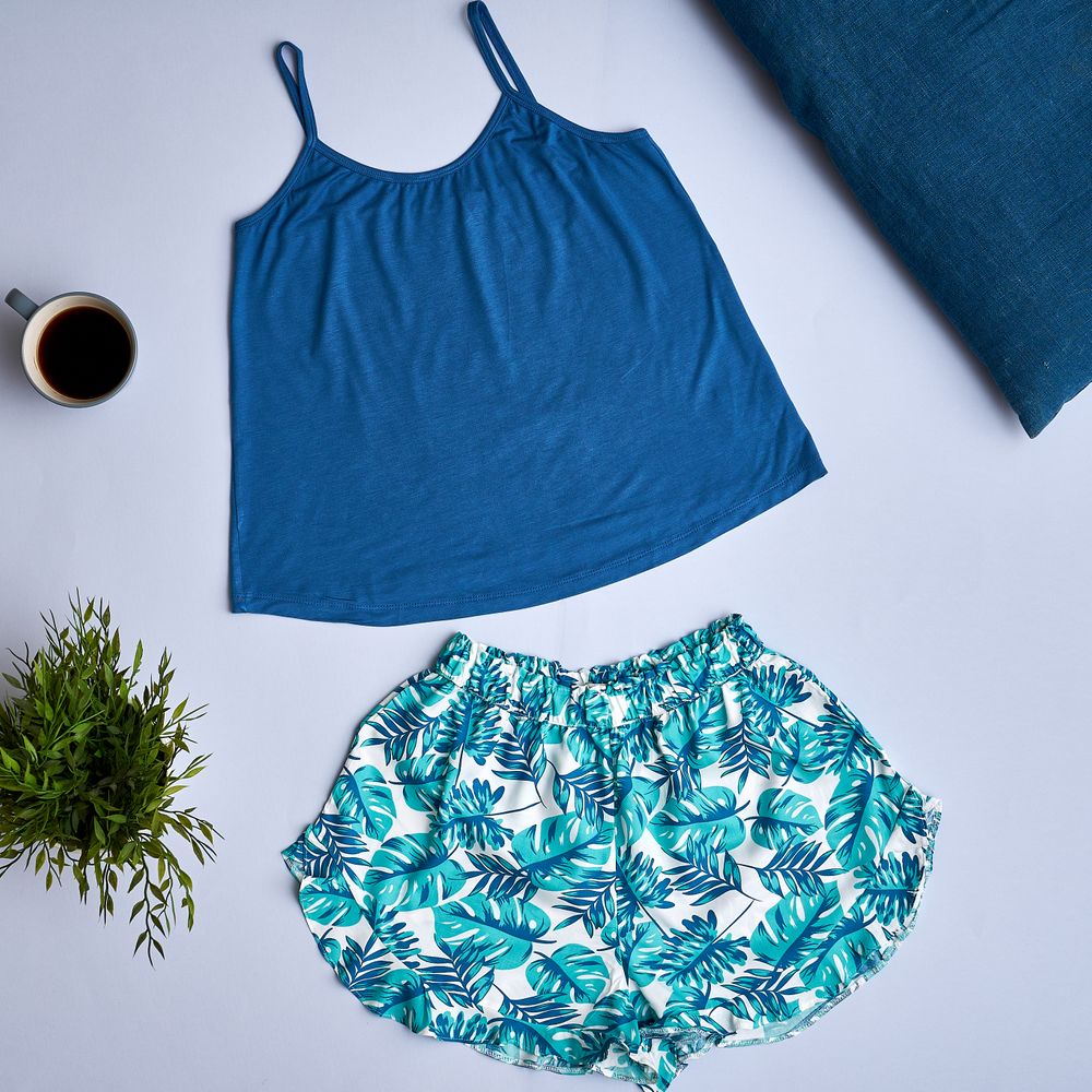 Women summer pajama set Dark blue top + Tropical leaves ruffles shorts - Image 2