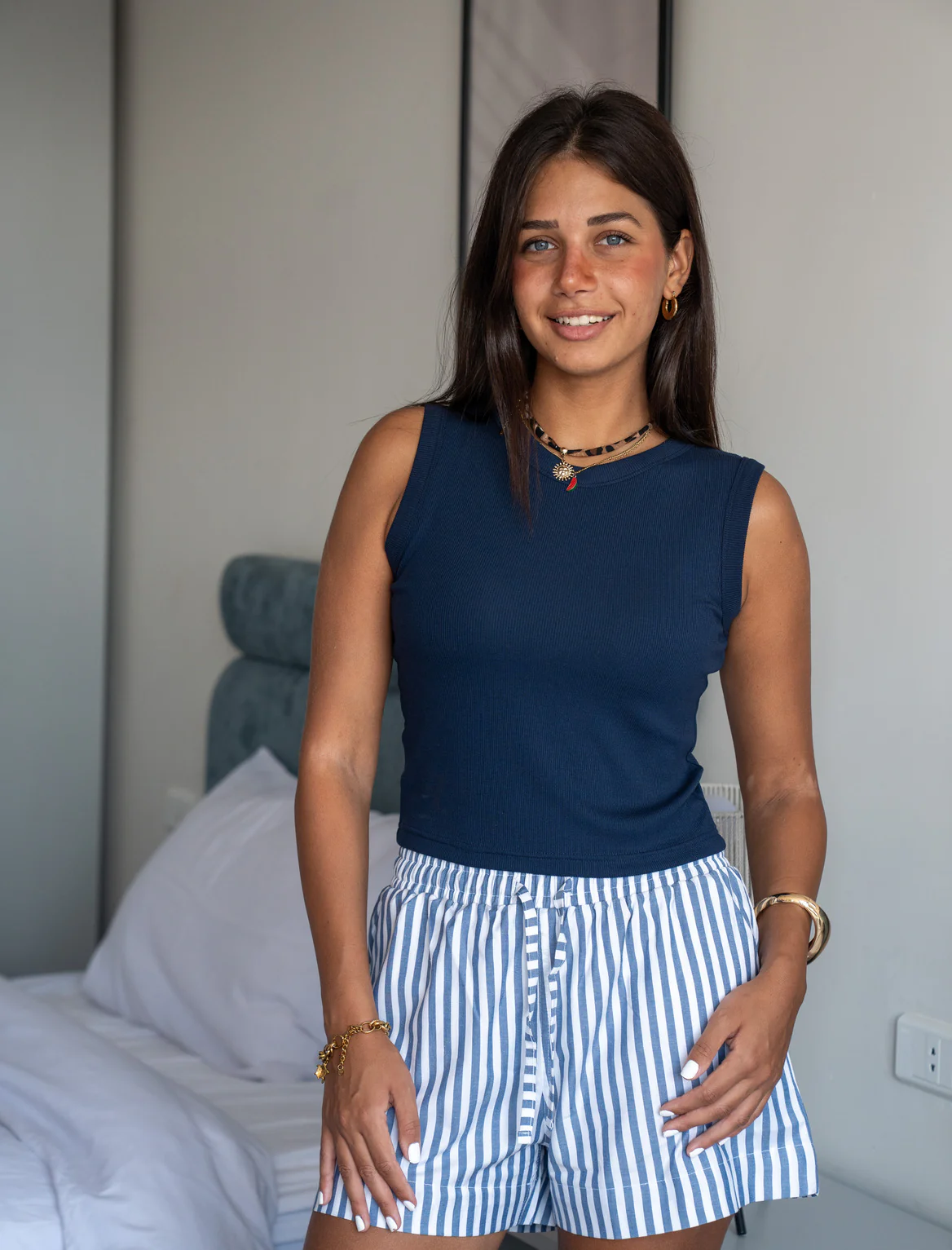 Women Summer Pajama set Dark Blue Top + White X Indigo Stripes Shorts - Image 2