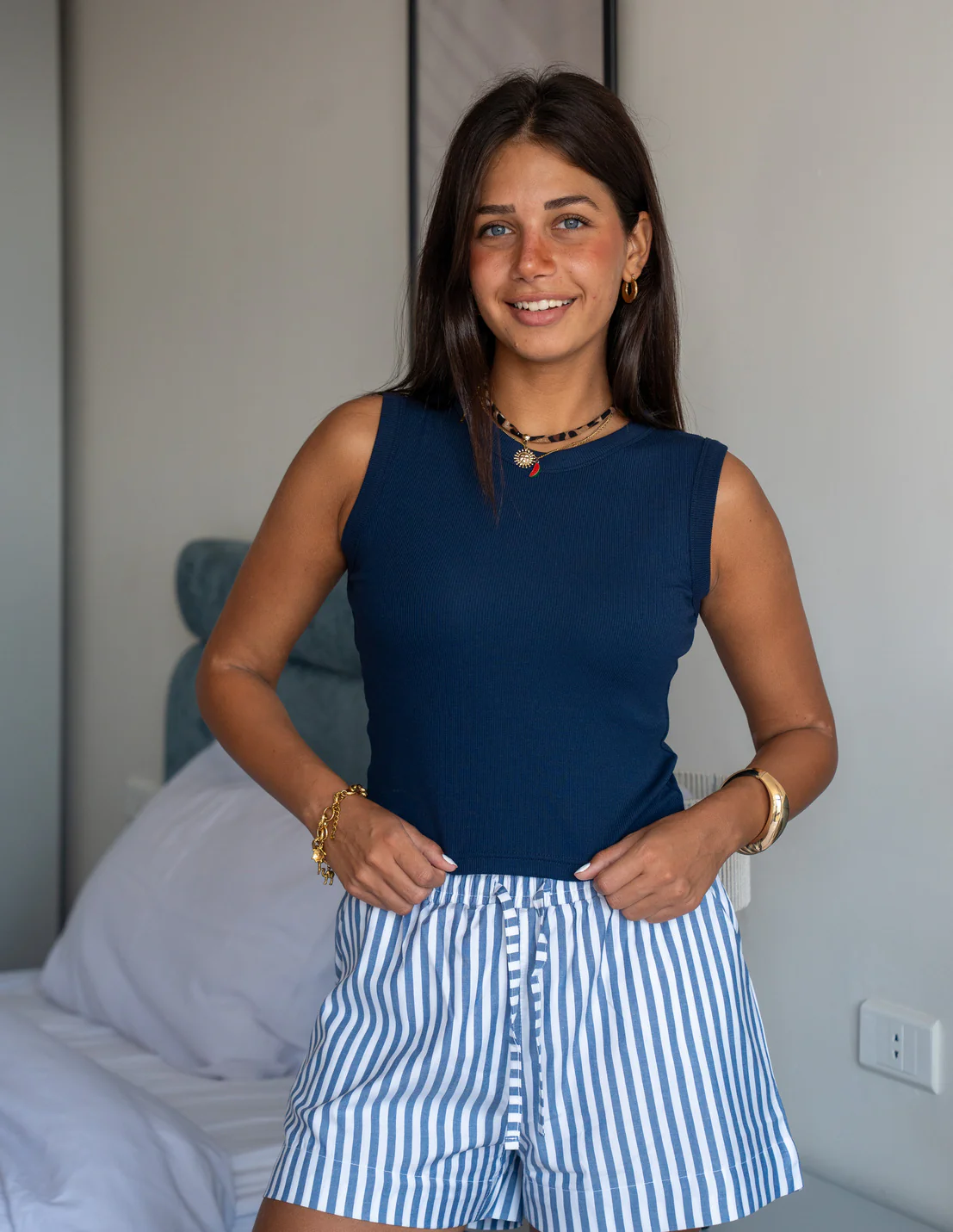 Women Summer Pajama set Dark Blue Top + White X Indigo Stripes Shorts - Image 3