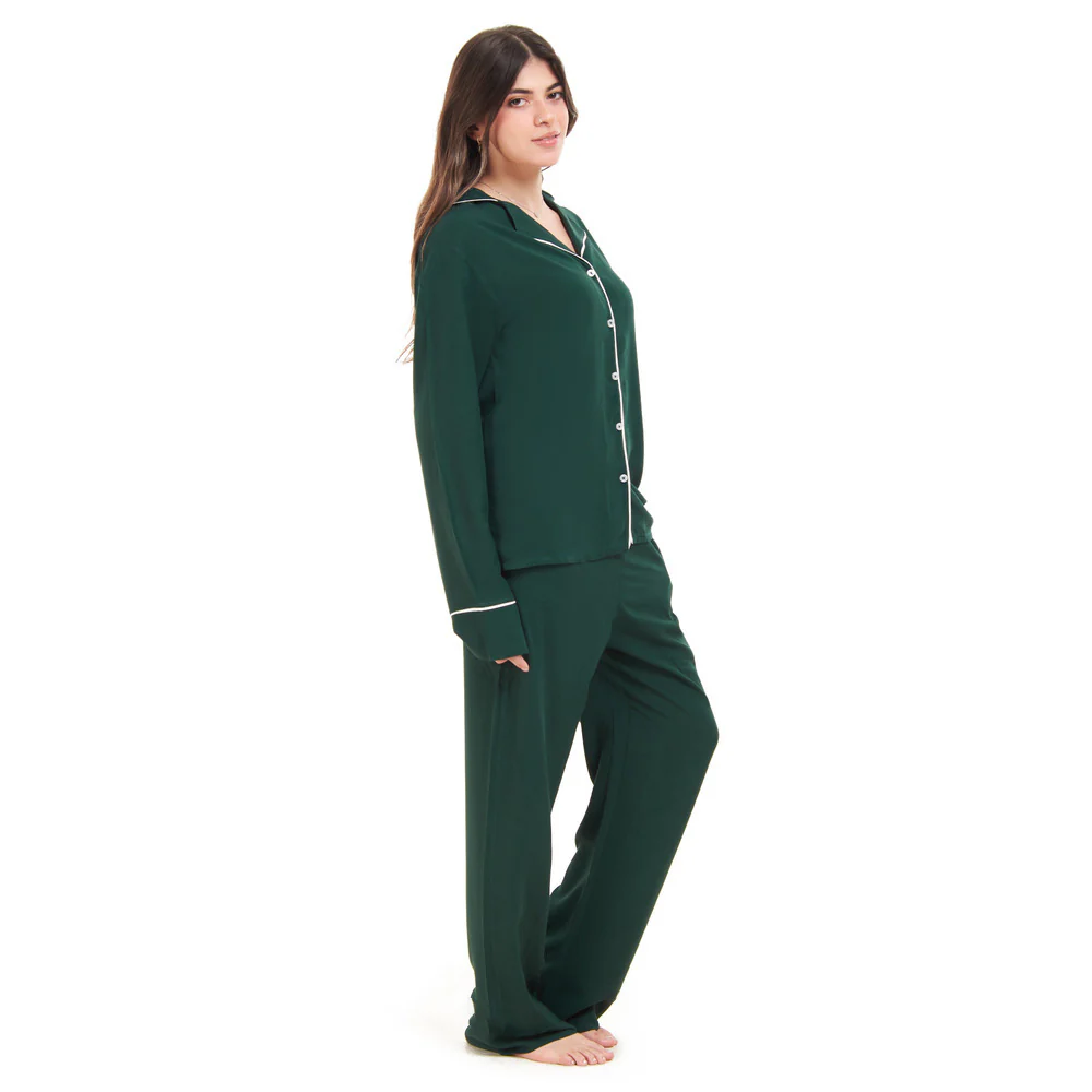 Women summer pajama set Dark green buttoned shirt + Pants - Image 2
