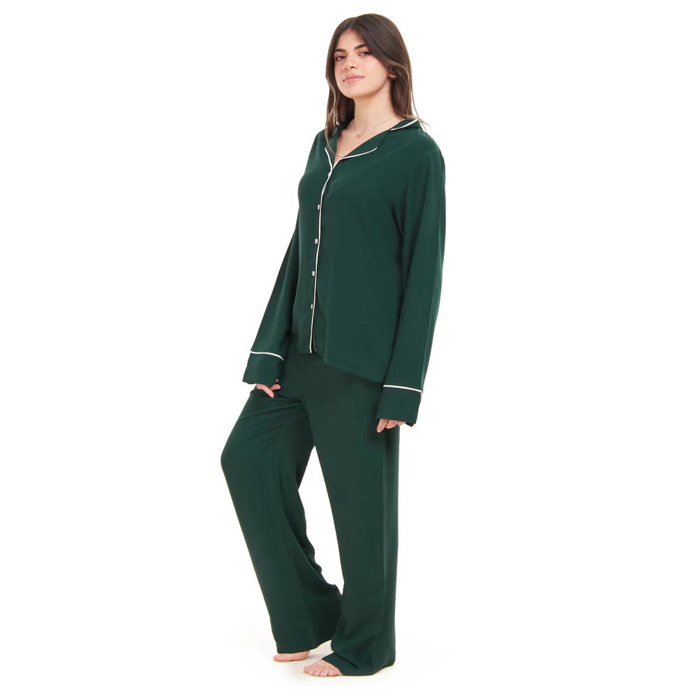 Women summer pajama set Dark green buttoned shirt + Pants - Image 3
