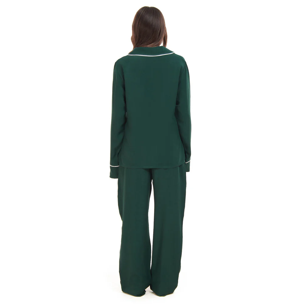 Women summer pajama set Dark green buttoned shirt + Pants - Image 4