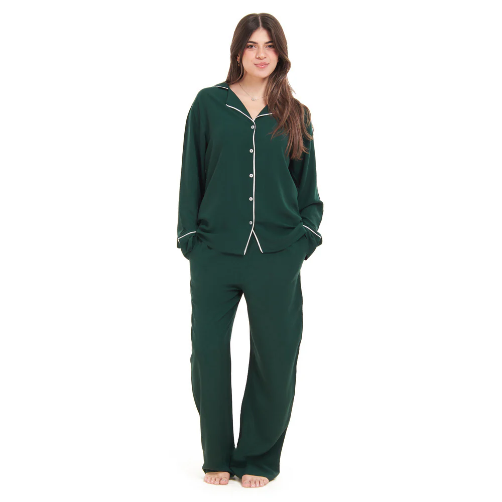 Women summer pajama set Dark green buttoned shirt + Pants - Image 5