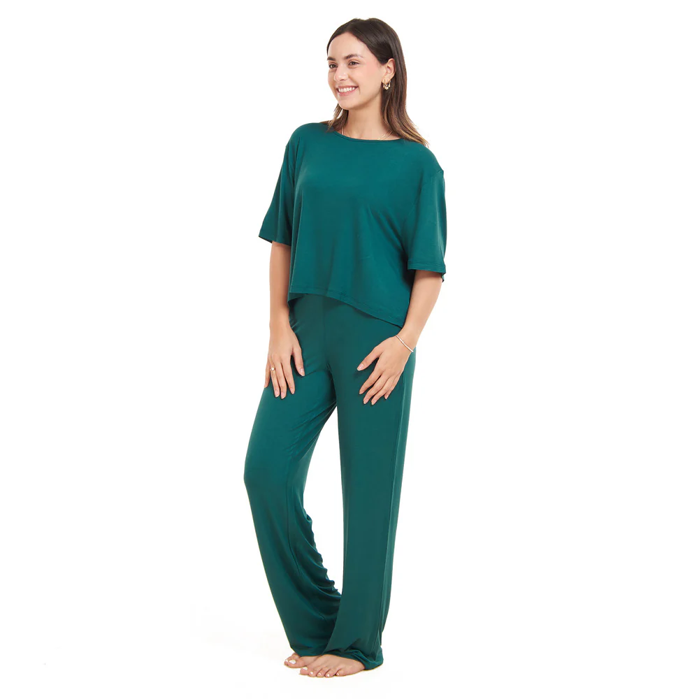 Women summer pajama set Dark Green Cropped top + pants - Image 2