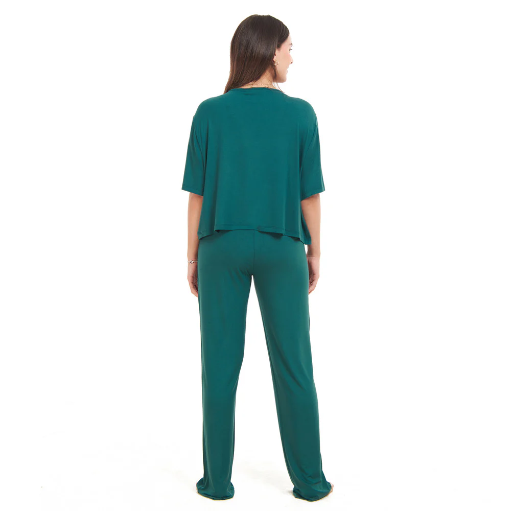 Women summer pajama set Dark Green Cropped top + pants - Image 3
